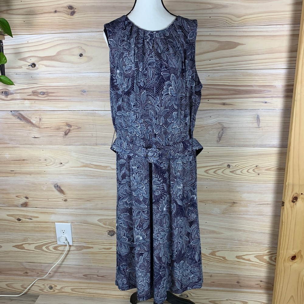 London Times Midi Dress Women 18W Blue Floral Belted Sleeveless‎ Slinky Career